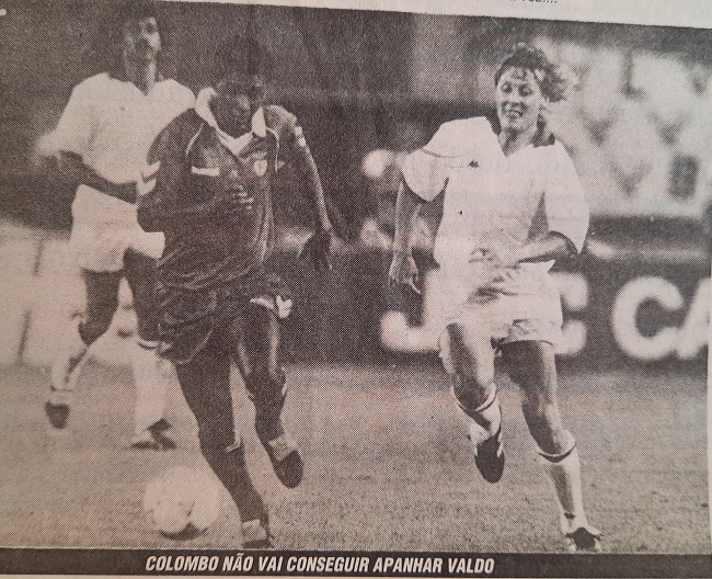 Benfica’s cultured Brazilian midfielder Valdo, here escaping the attentions of Angelo Colombo, is now a pundit on Portuguese TV