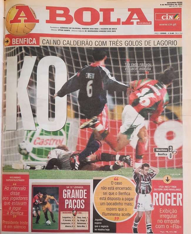 A Bola front cover: “BENFICA DOWNED IN THE CAULDRON BY THREE LAGORIO GOALS”